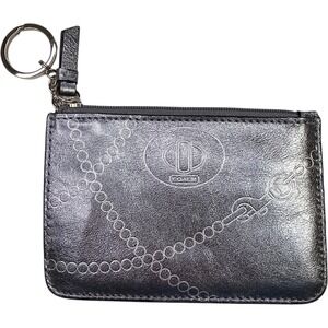Coach Metallic Gunmetal Silver Leather Keychain Card Case Turn Lock Chain Print